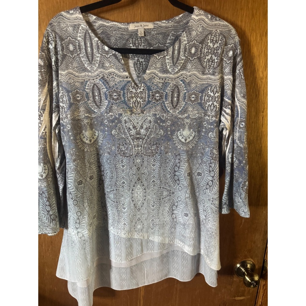 Jess & Jane Blue Paisley Tunic Top Sheer Layered‎ Hem 3/4 Sleeve Made in USA L